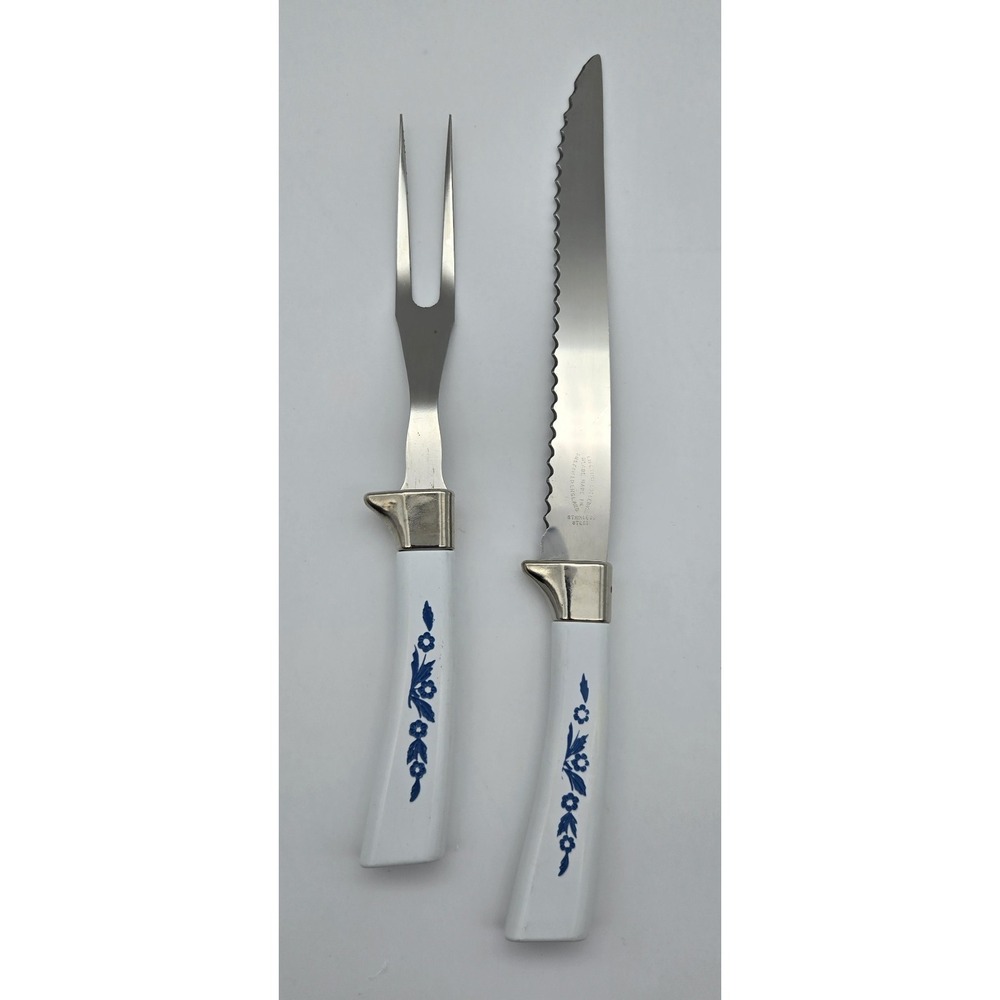 Sheffield English 2 Pc Carving Fork Knife Stainless Roast Turkey Cornflower Blue